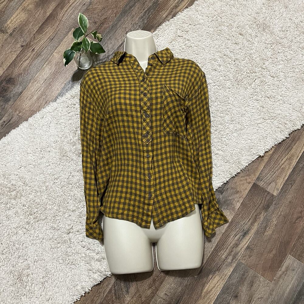 Urban Outfitters Ecote Size Medium Mustard Yellow Gray Gingham Button Down Top